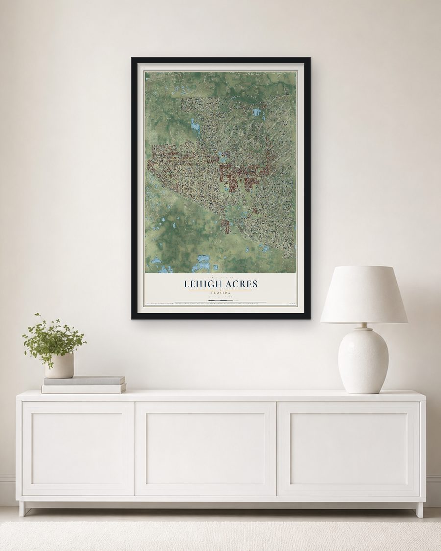 The Lehigh Acres, Florida map, 24 x 36 in, in a black wood frame on a living room wall