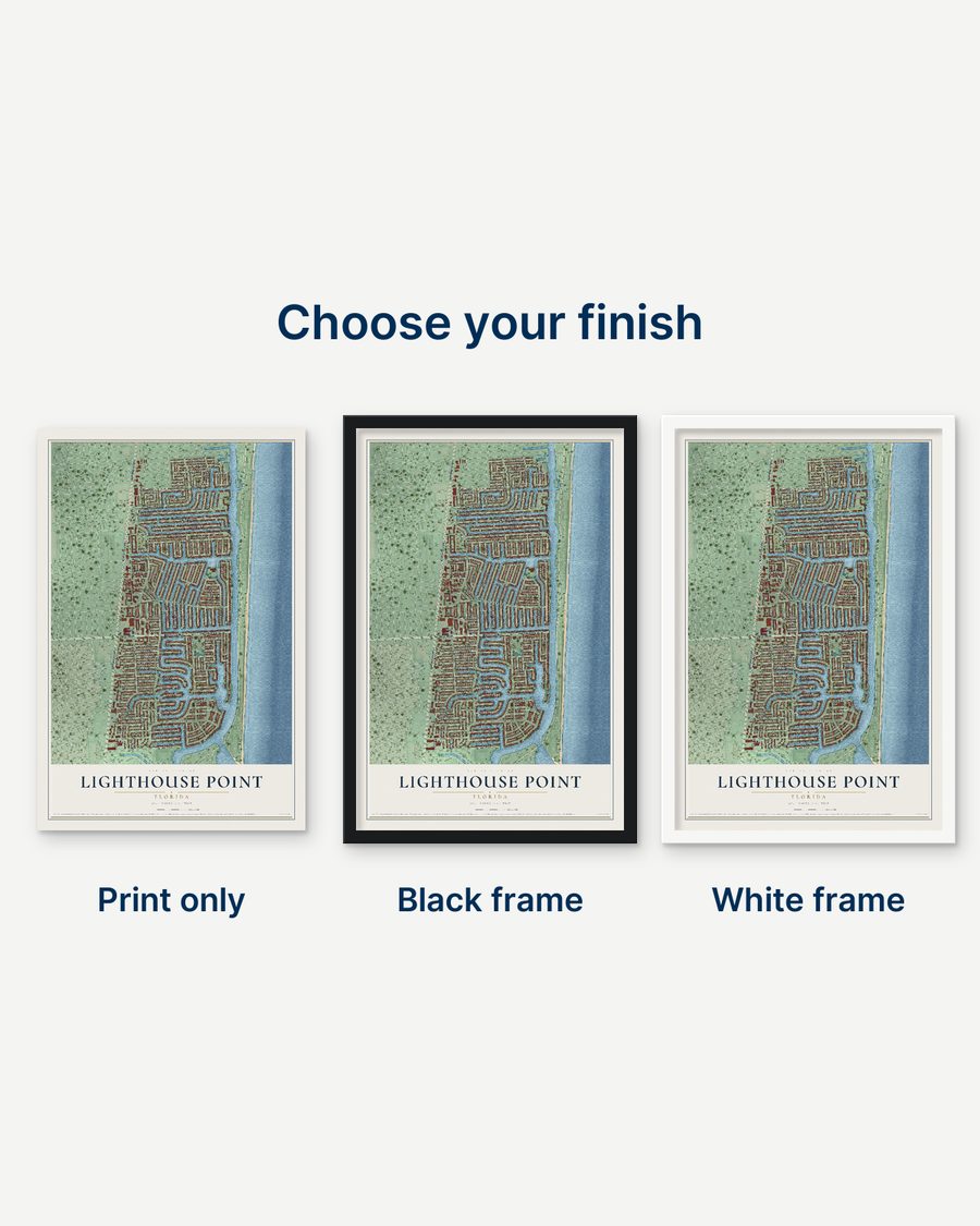 The Lighthouse Point, Florida map as a print only, in a black frame and in a white frame