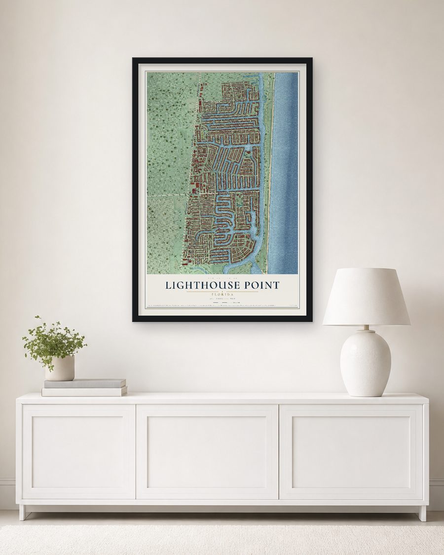 The Lighthouse Point, Florida map, 24 x 36 in, in a black wood frame on a living room wall