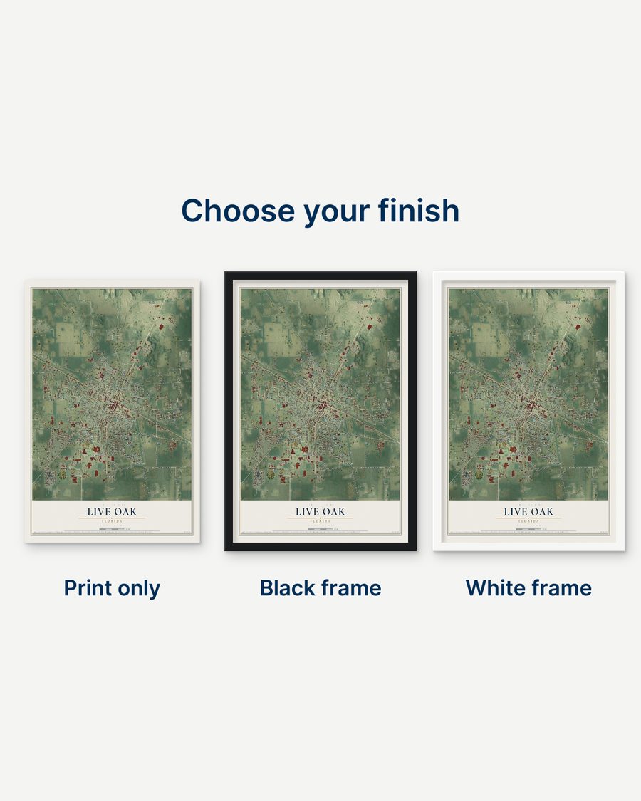 The Live Oak, Florida map as a print only, in a black frame and in a white frame