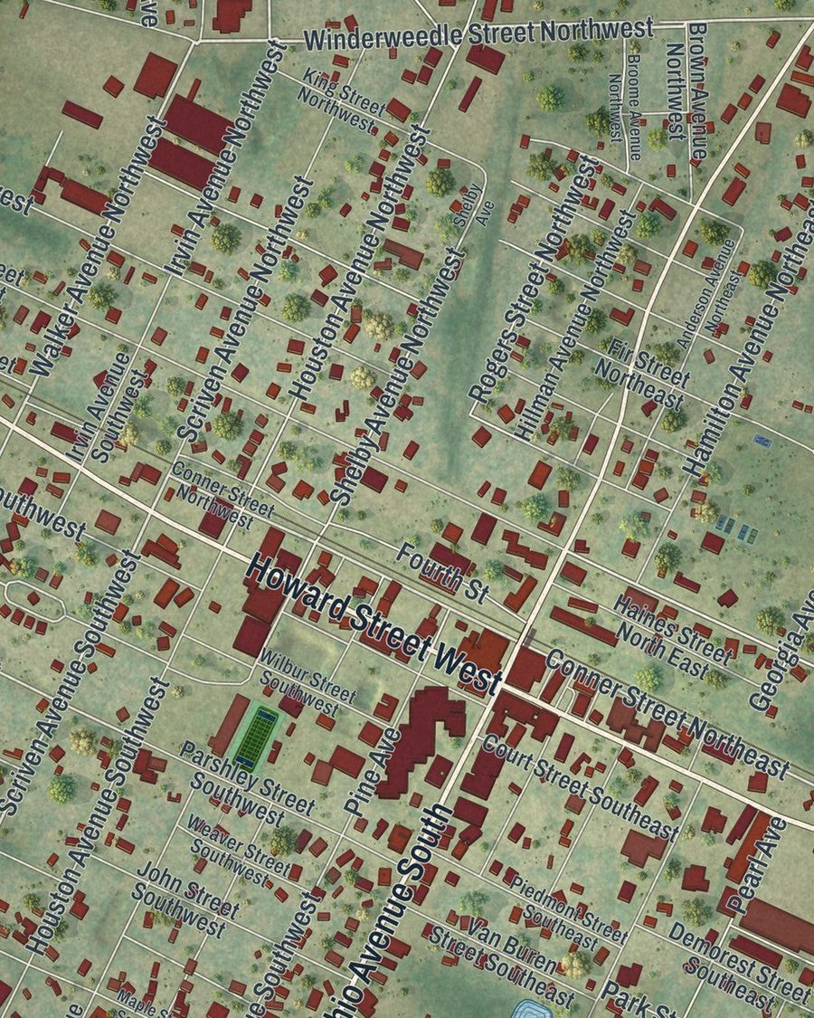 Close-up of Live Oak streets on the map