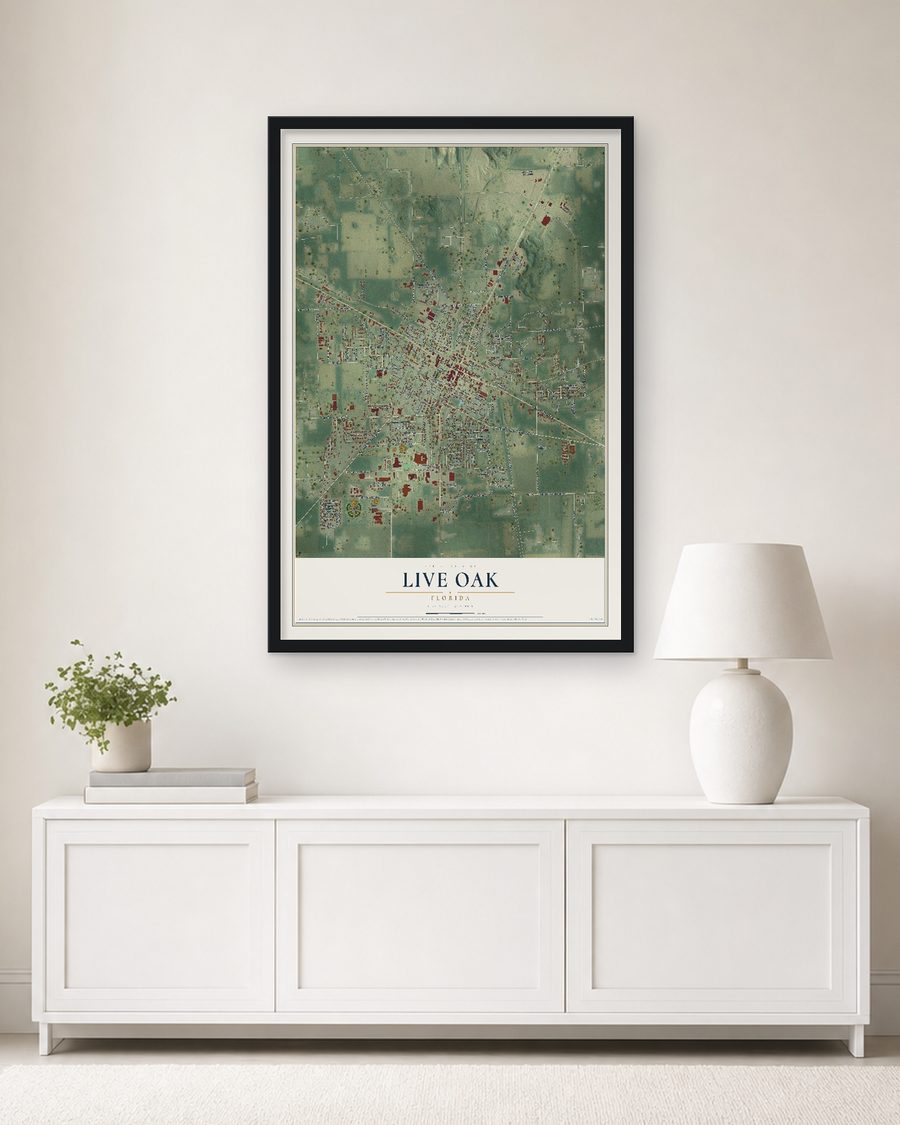 The Live Oak, Florida map, 24 x 36 in, in a black wood frame on a living room wall