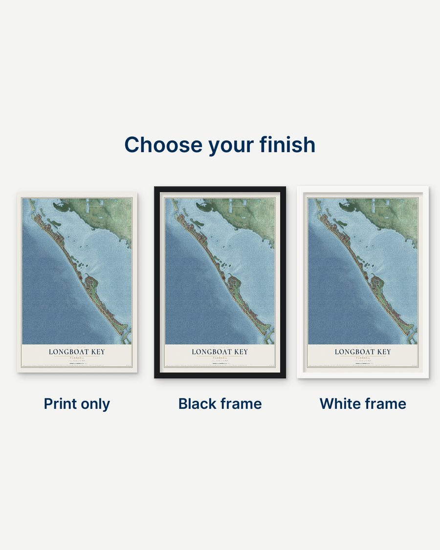 The Longboat Key, Florida map as a print only, in a black frame and in a white frame