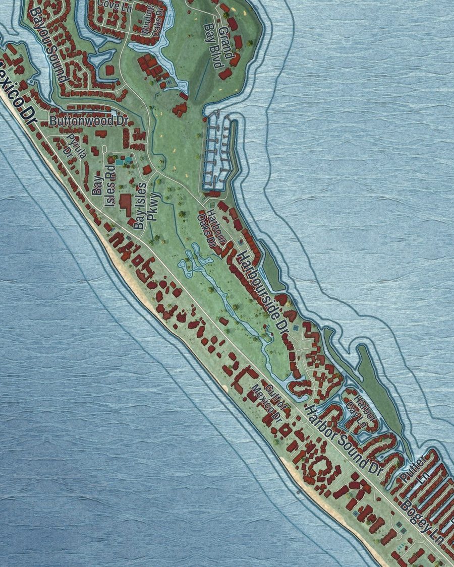 Close-up of Longboat Key streets on the map