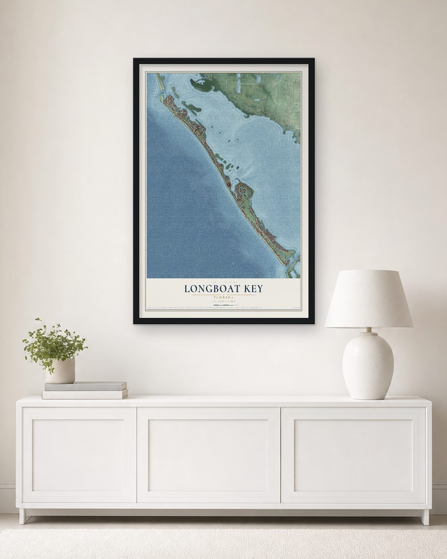 The Longboat Key, Florida map, 24 x 36 in, in a black wood frame on a living room wall