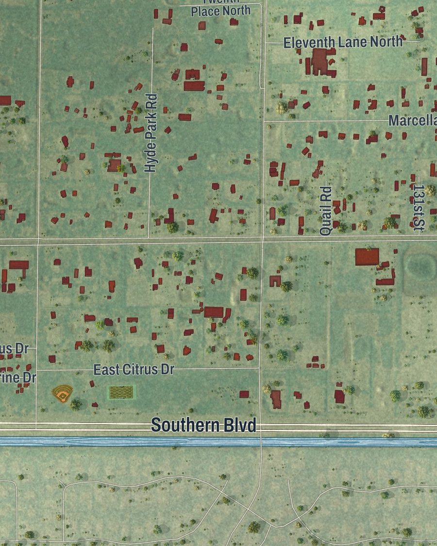 Close-up of Loxahatchee Groves streets on the map