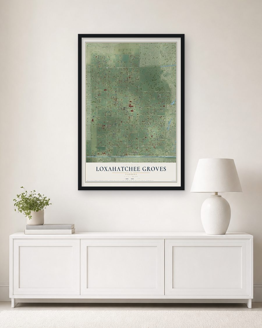 The Loxahatchee Groves, Florida map, 24 x 36 in, in a black wood frame on a living room wall