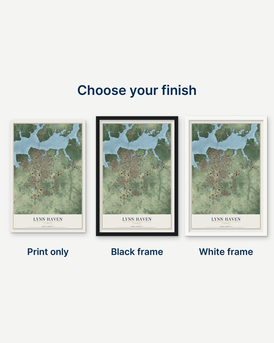 The Lynn Haven, Florida map as a print only, in a black frame and in a white frame