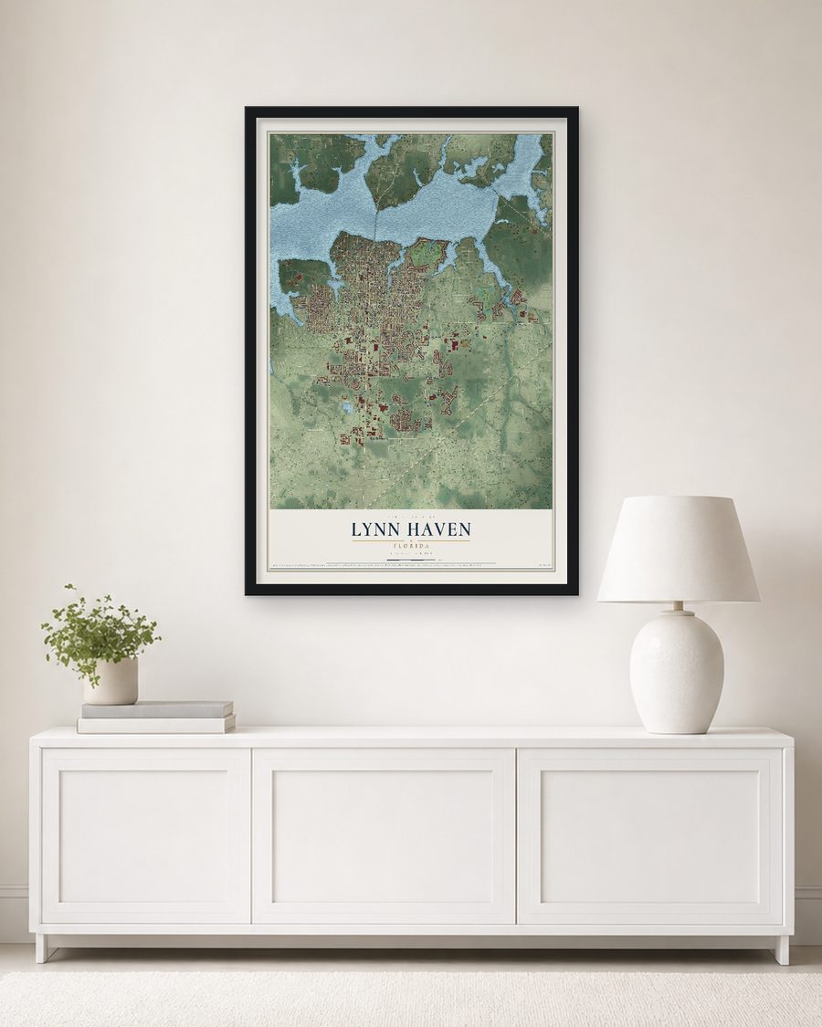 The Lynn Haven, Florida map, 24 x 36 in, in a black wood frame on a living room wall