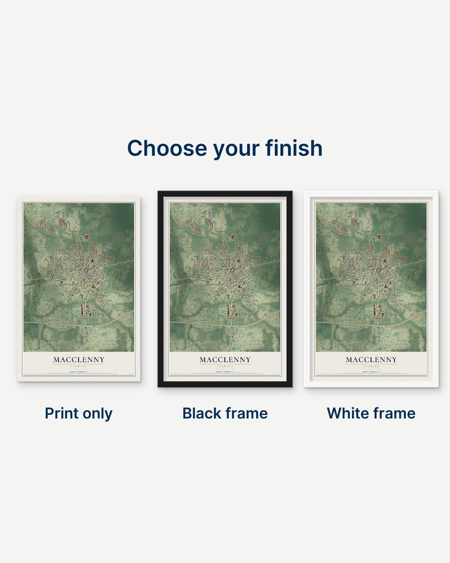 The Macclenny, Florida map as a print only, in a black frame and in a white frame