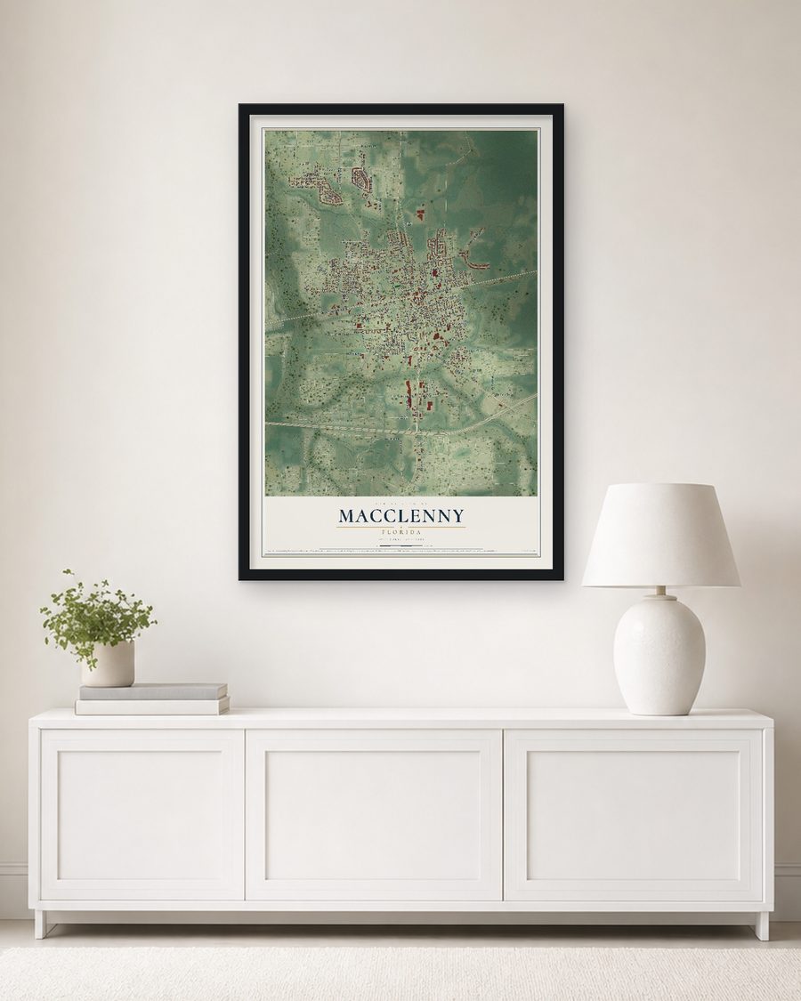 The Macclenny, Florida map, 24 x 36 in, in a black wood frame on a living room wall