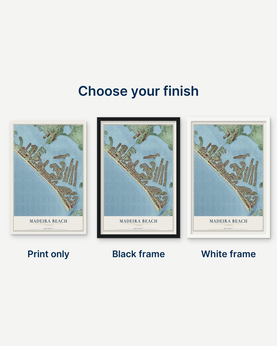 The Madeira Beach, Florida map as a print only, in a black frame and in a white frame