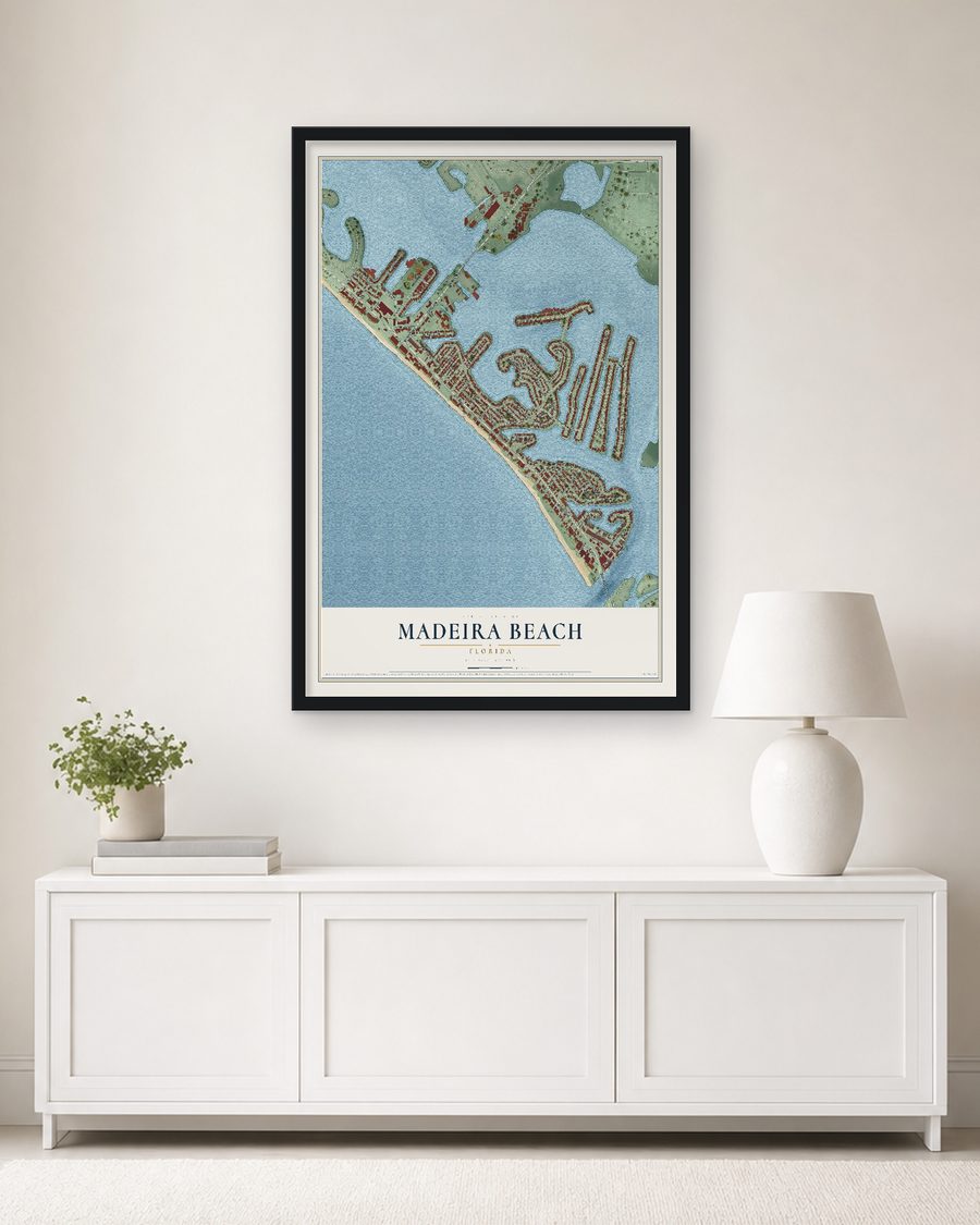 The Madeira Beach, Florida map, 24 x 36 in, in a black wood frame on a living room wall