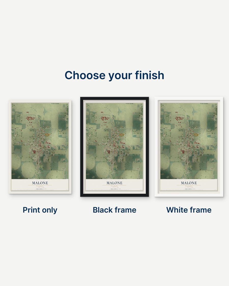 The Malone, Florida map as a print only, in a black frame and in a white frame