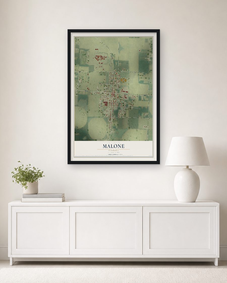 The Malone, Florida map, 24 x 36 in, in a black wood frame on a living room wall