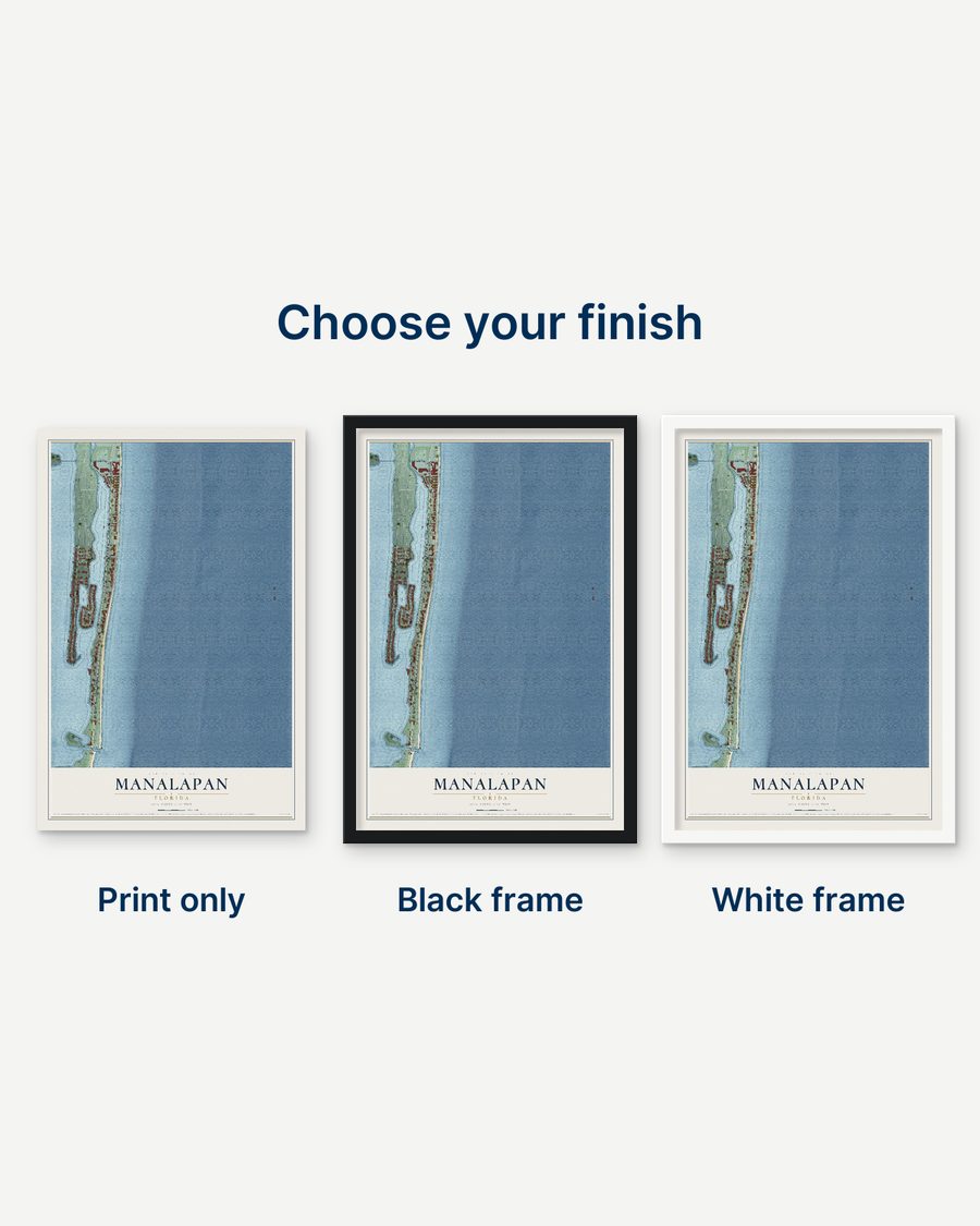 The Manalapan, Florida map as a print only, in a black frame and in a white frame