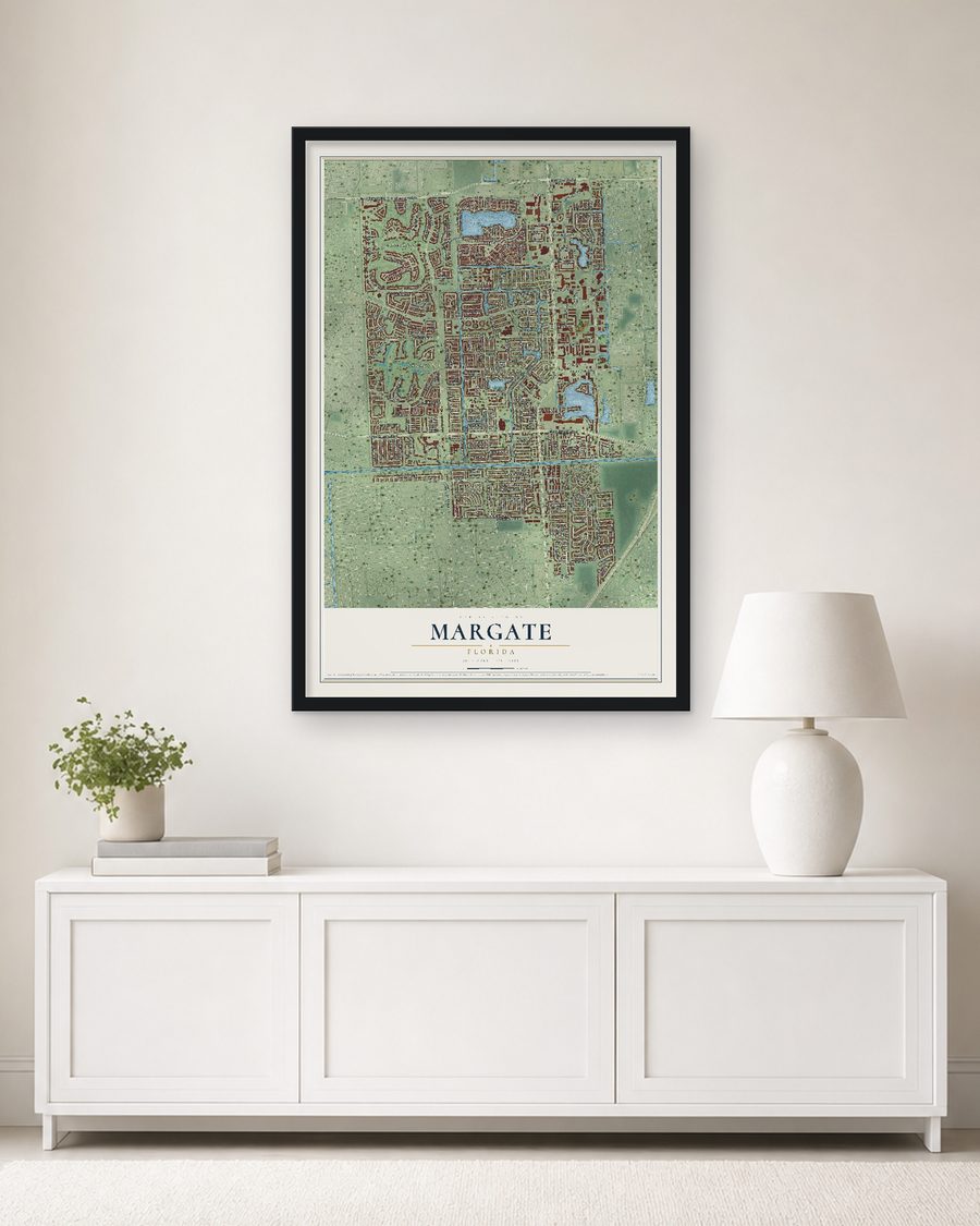 The Margate, Florida map, 24 x 36 in, in a black wood frame on a living room wall