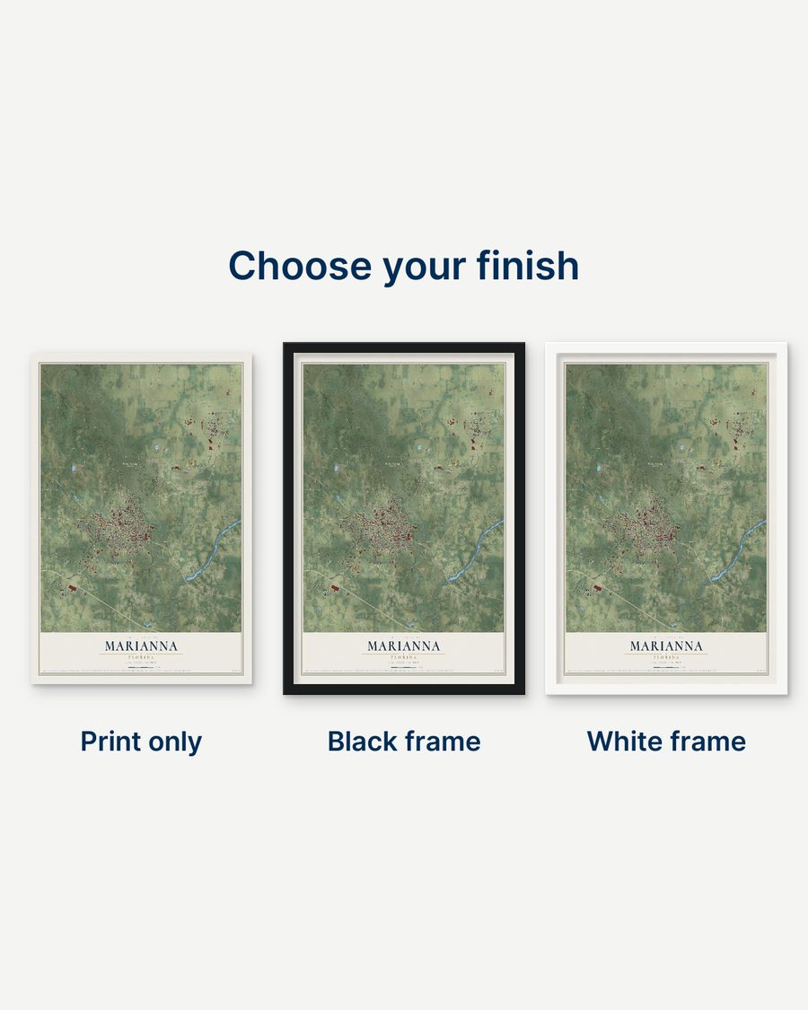 The Marianna, Florida map as a print only, in a black frame and in a white frame
