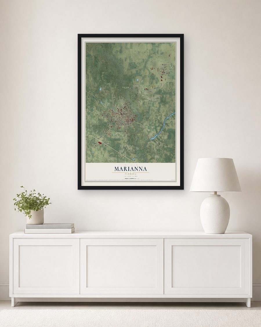 The Marianna, Florida map, 24 x 36 in, in a black wood frame on a living room wall