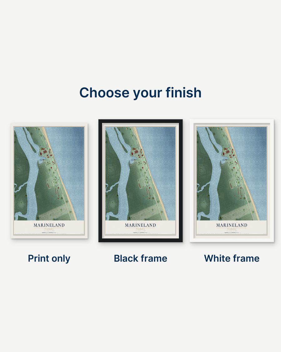The Marineland, Florida map as a print only, in a black frame and in a white frame