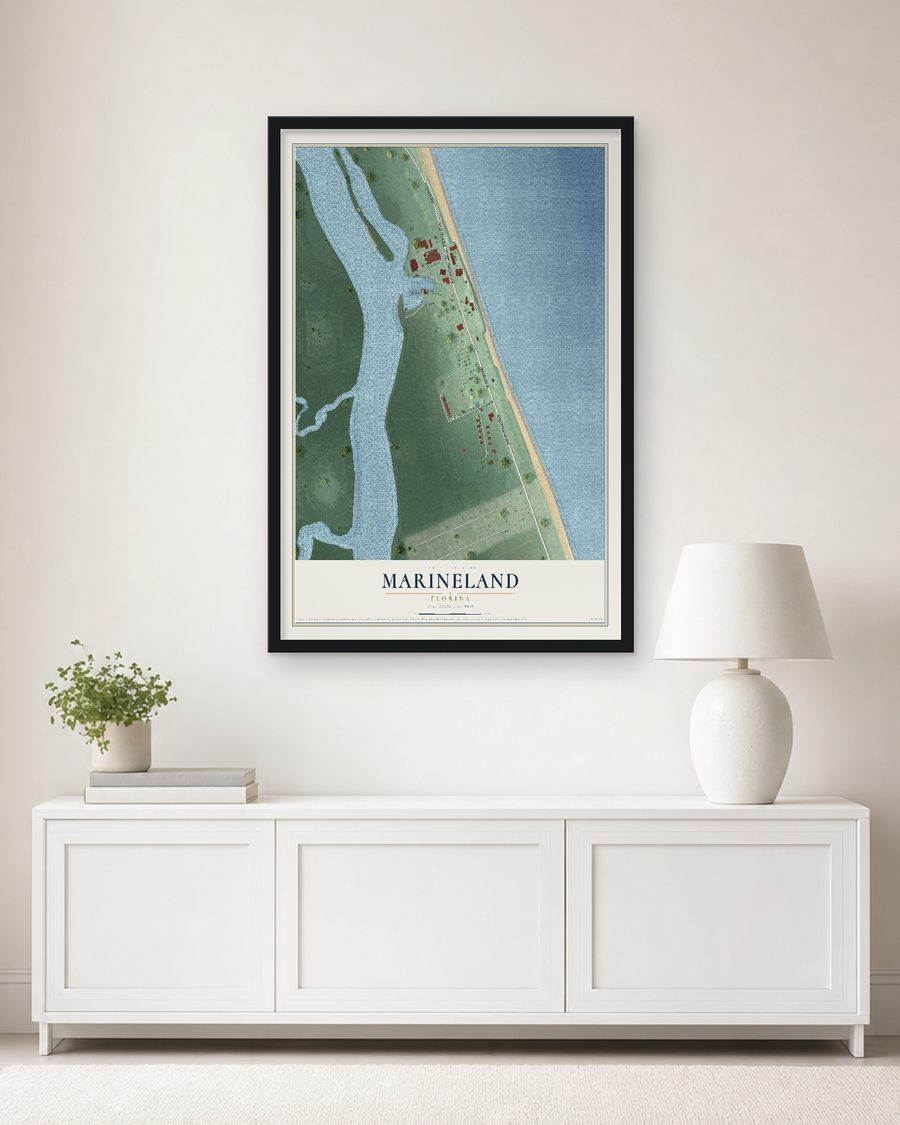 The Marineland, Florida map, 24 x 36 in, in a black wood frame on a living room wall