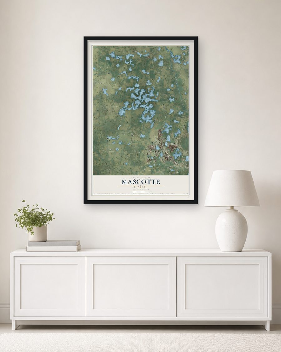 The Mascotte, Florida map, 24 x 36 in, in a black wood frame on a living room wall
