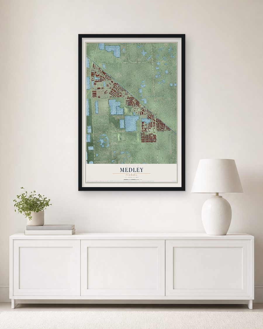 The Medley, Florida map, 24 x 36 in, in a black wood frame on a living room wall