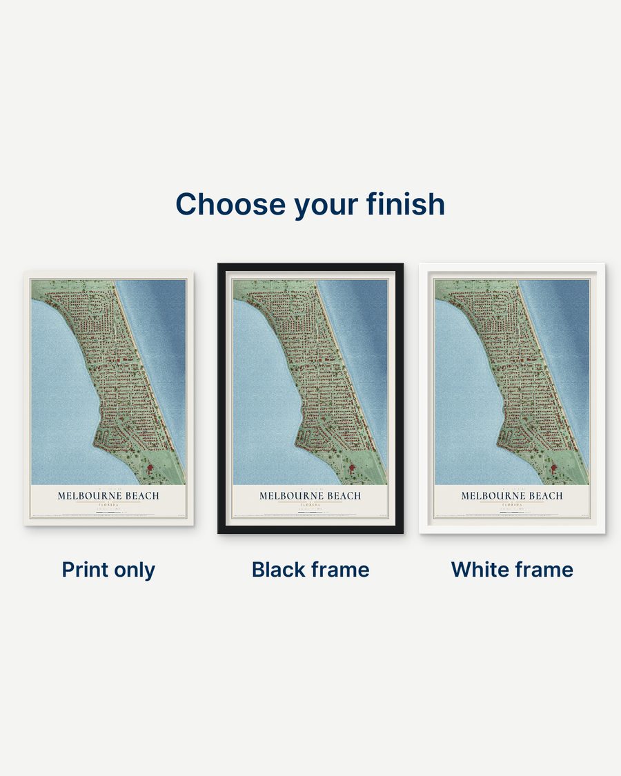 The Melbourne Beach, Florida map as a print only, in a black frame and in a white frame