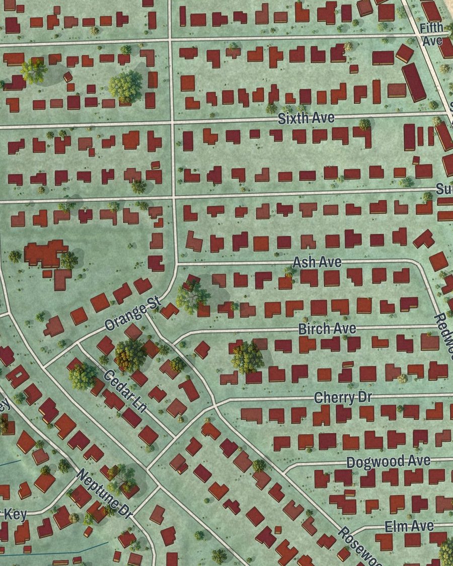 Close-up of Melbourne Beach streets on the map