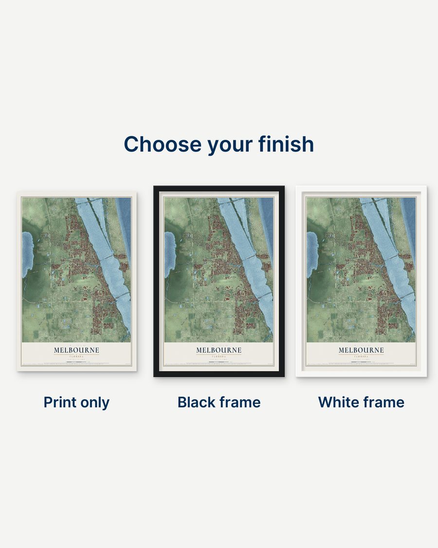 The Melbourne, Florida map as a print only, in a black frame and in a white frame