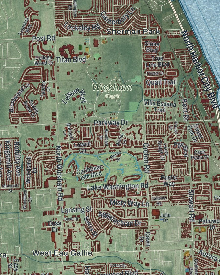 Close-up of Melbourne streets on the map