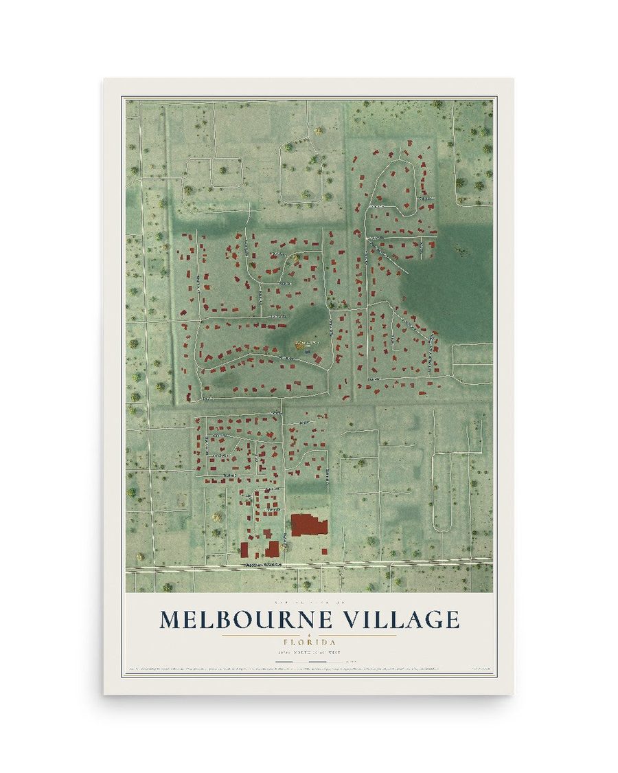 Melbourne Village, Florida map print, 12 x 18 in, print only