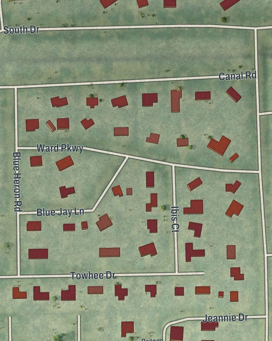 Close-up of Melbourne Village streets on the map