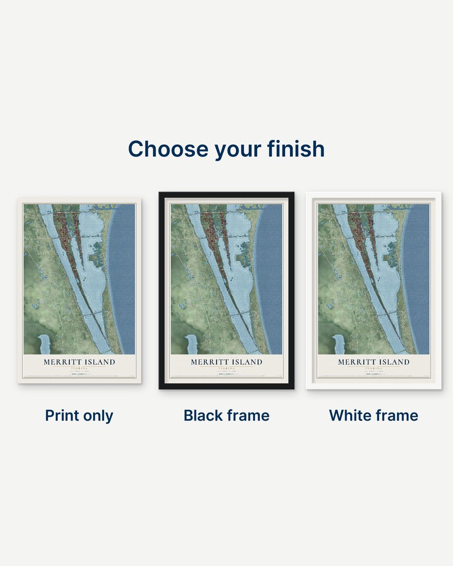 The Merritt Island, Florida map as a print only, in a black frame and in a white frame