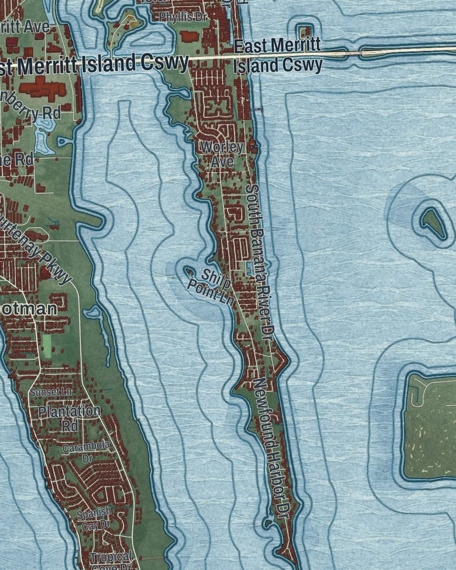 Close-up of Merritt Island streets on the map