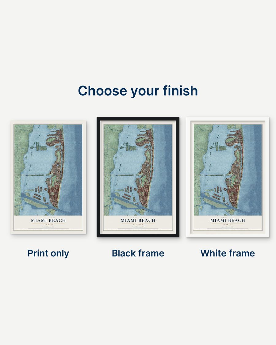 The Miami Beach, Florida map as a print only, in a black frame and in a white frame