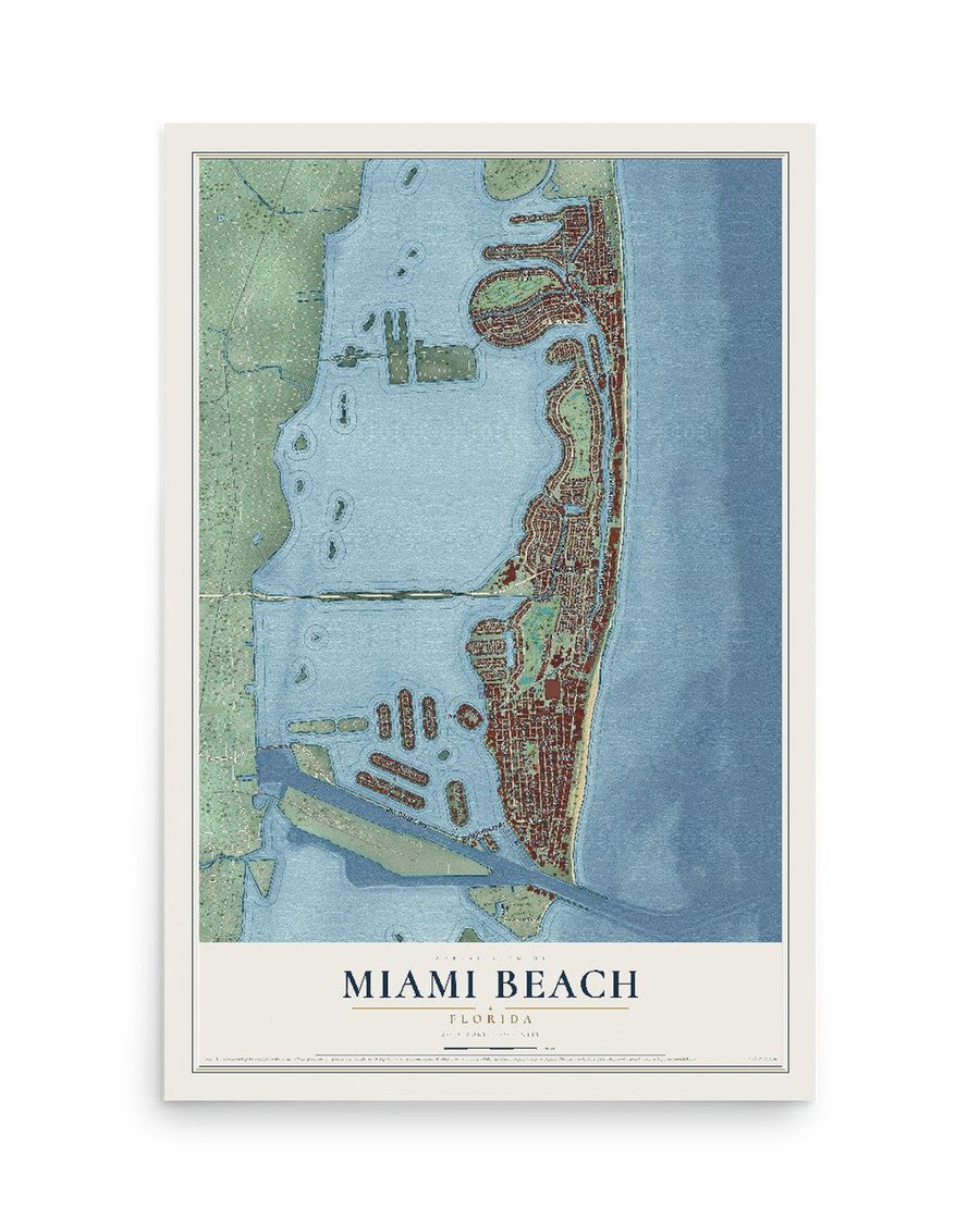 Miami Beach, Florida map print, 12 x 18 in, print only