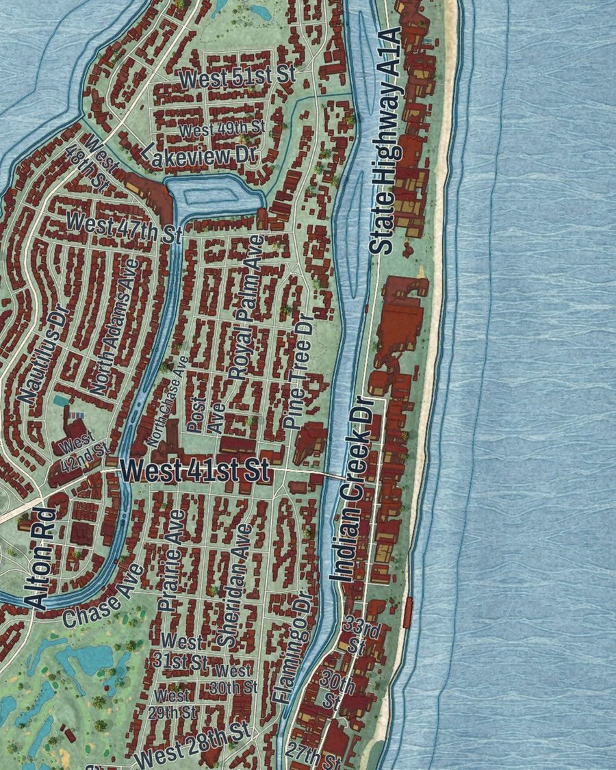 Close-up of Miami Beach streets on the map