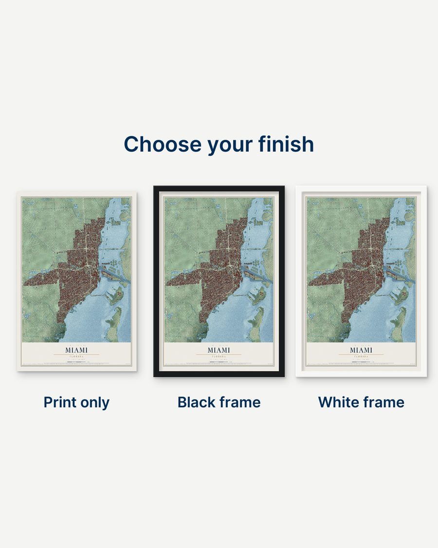 The Miami, Florida map as a print only, in a black frame and in a white frame