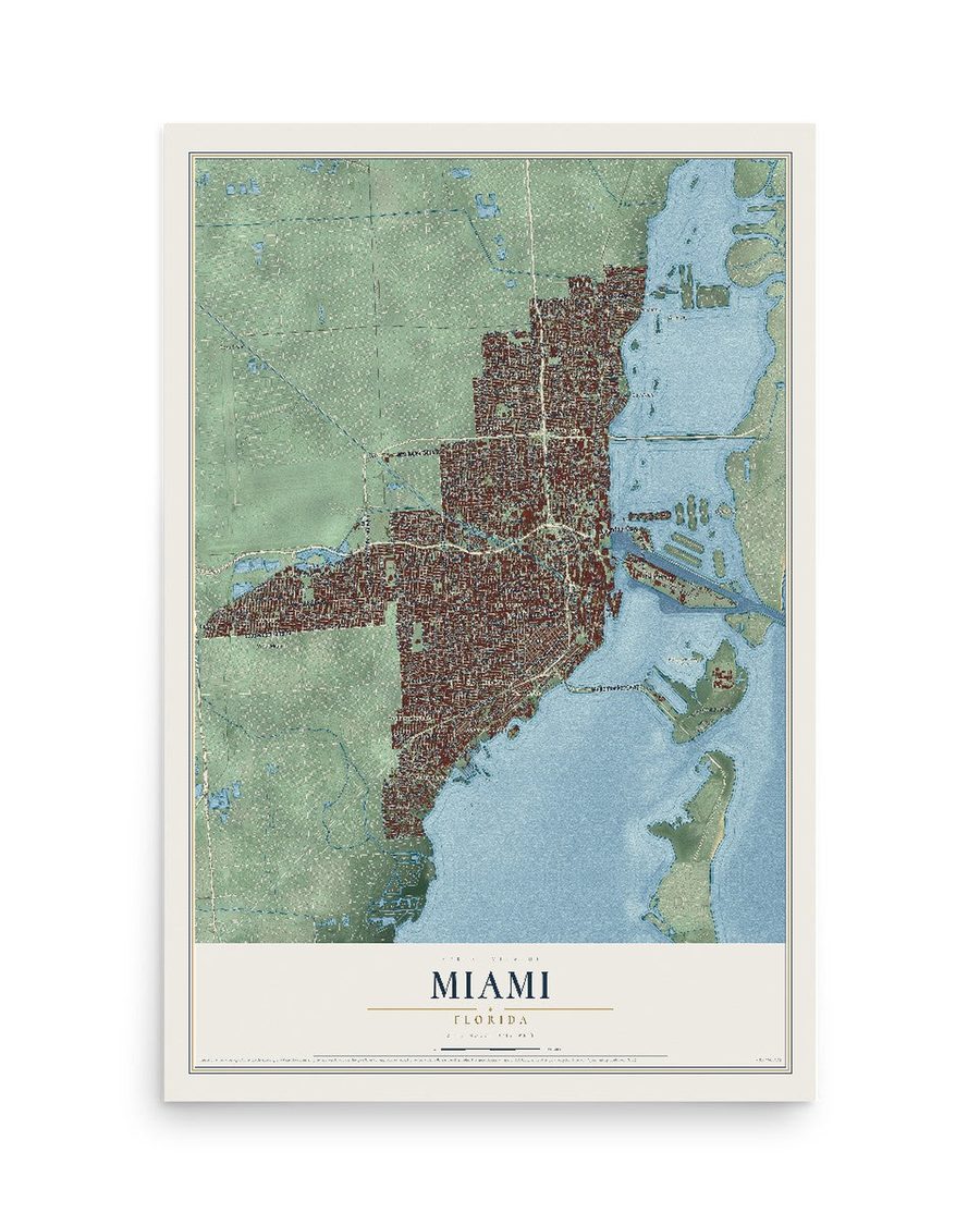 Miami, Florida map print, 12 x 18 in, print only