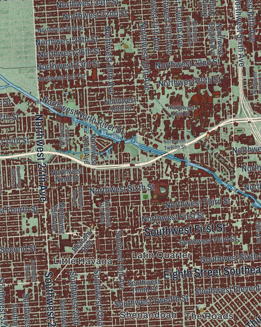 Close-up of Miami streets on the map