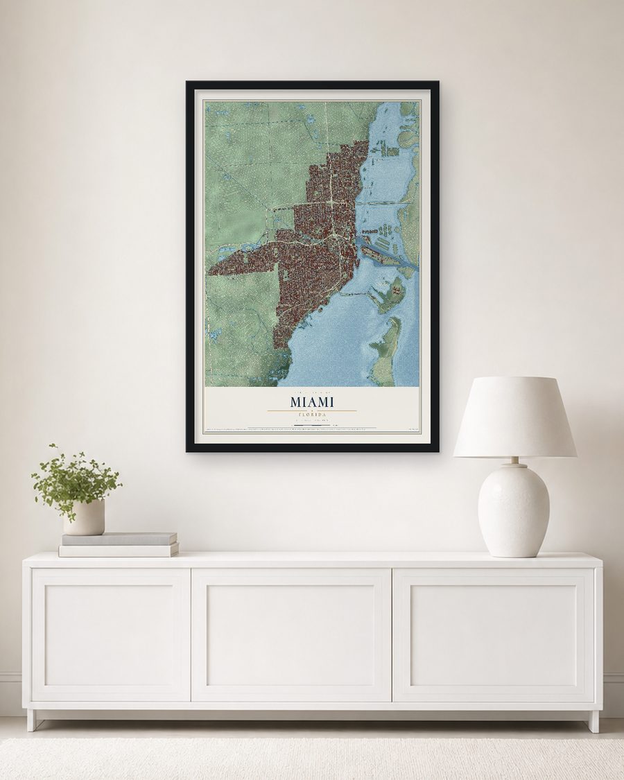 The Miami, Florida map, 24 x 36 in, in a black wood frame on a living room wall