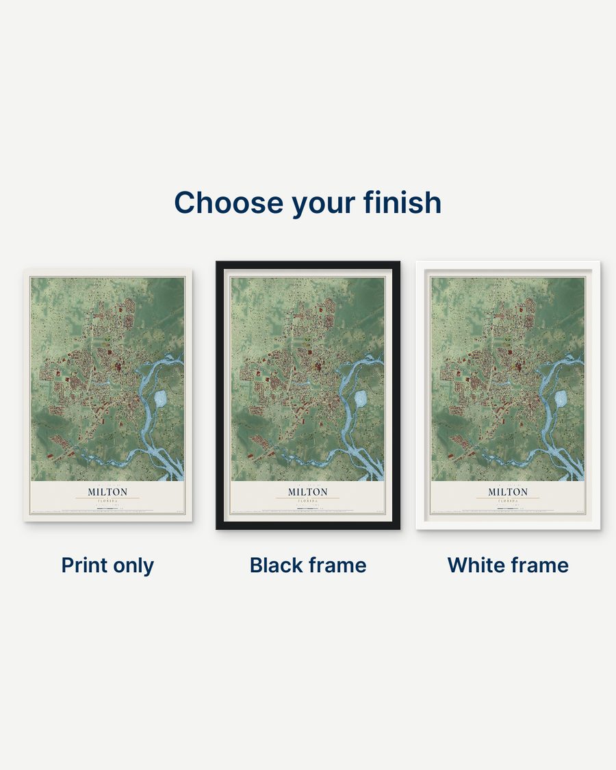 The Milton, Florida map as a print only, in a black frame and in a white frame