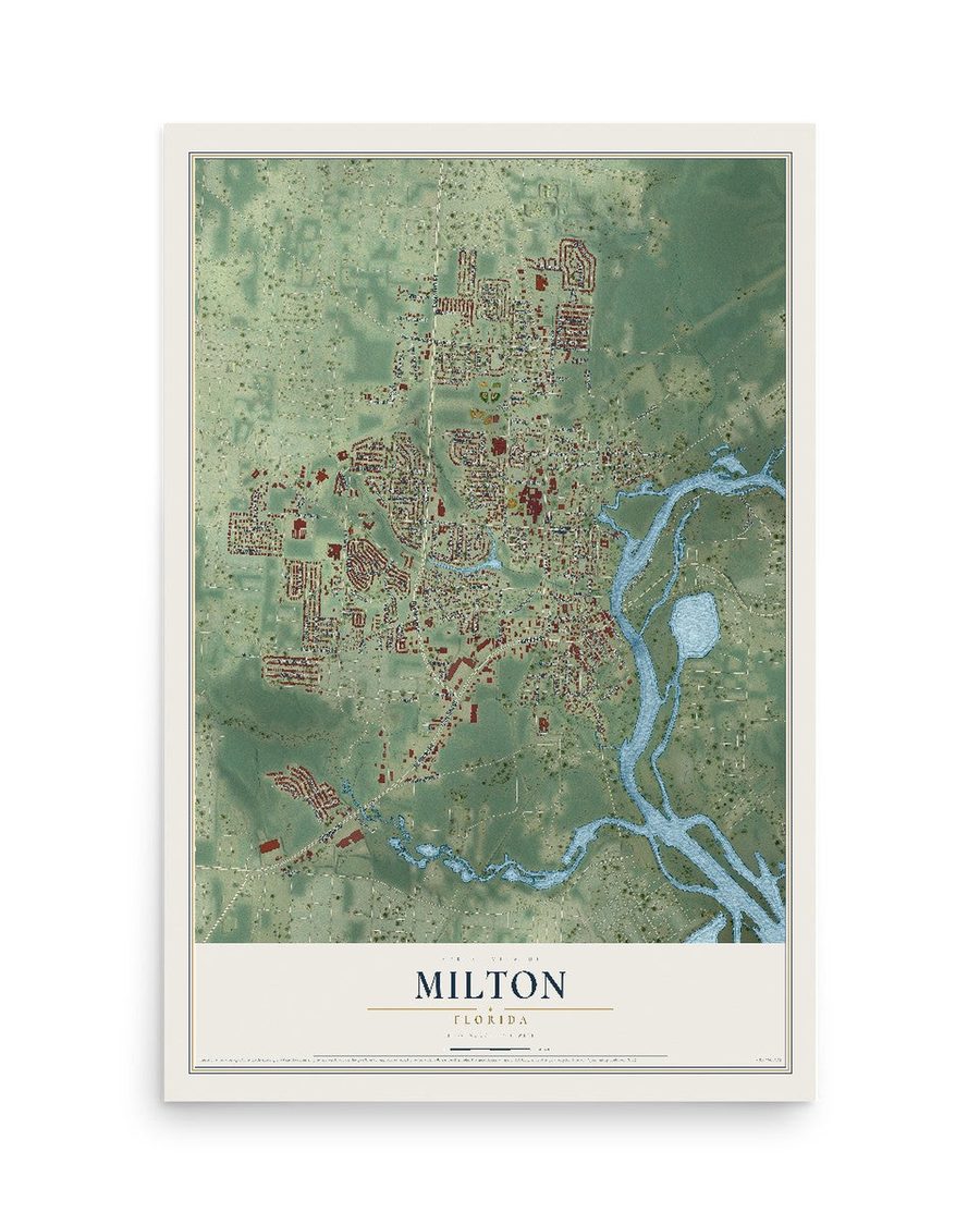 Milton, Florida map print, 12 x 18 in, print only