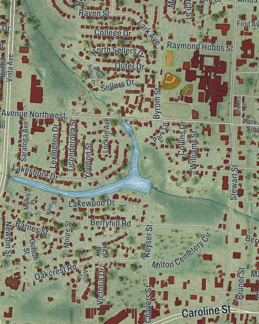 Close-up of Milton streets on the map