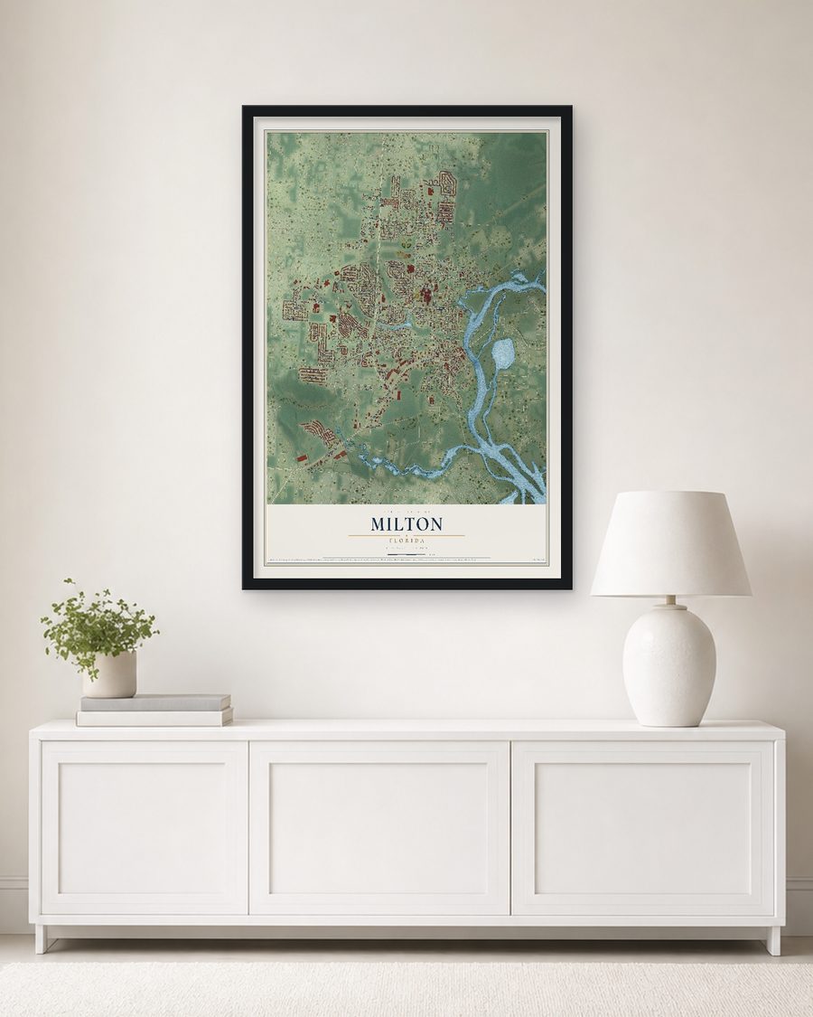 The Milton, Florida map, 24 x 36 in, in a black wood frame on a living room wall