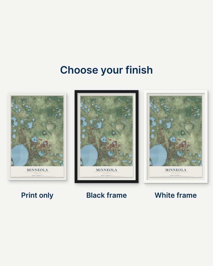 The Minneola, Florida map as a print only, in a black frame and in a white frame