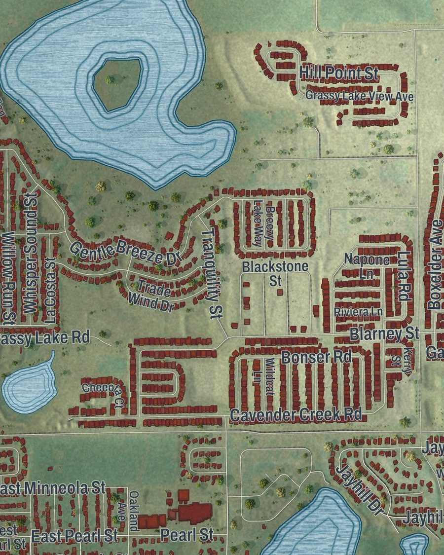Close-up of Minneola streets on the map
