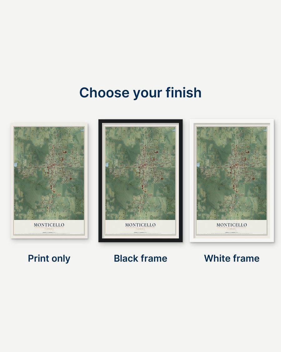 The Monticello, Florida map as a print only, in a black frame and in a white frame
