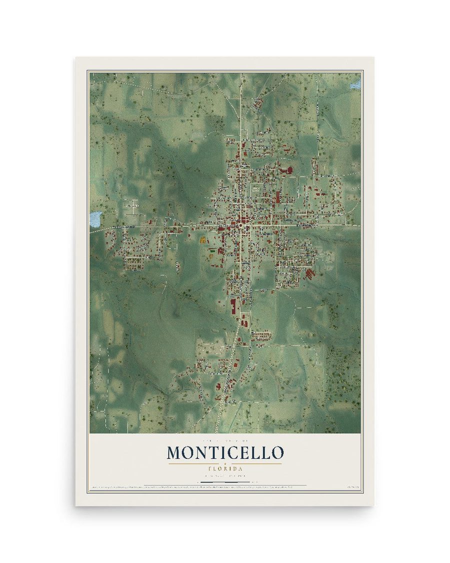 Monticello, Florida map print, 12 x 18 in, print only